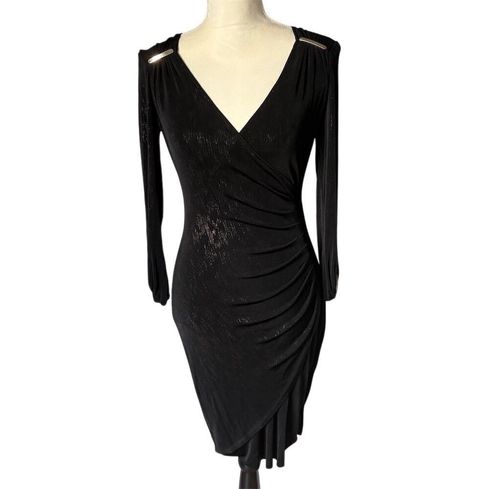 CACHÉ Women's XS Black and gold V-Neck Long-Sleeve Midi Dress Party - Picture 2 of 7